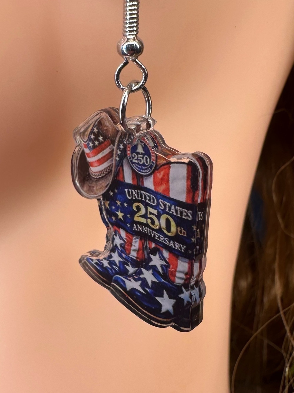 USA 250th Anniversary Patriotic Cowboy Boot Dangle Earrings Americana